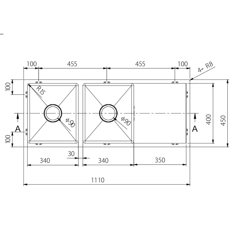 1110 x 450 x 200mm Kitchen Sink - Round Drain - Image 2