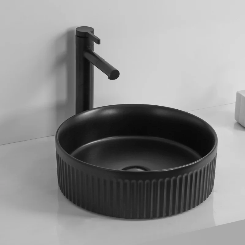 360mm Round Flutted Matte Black Above Counter Basin - Image 3