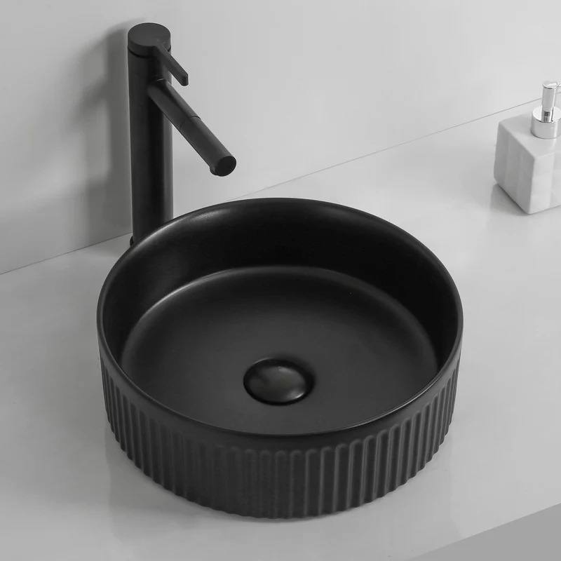 360mm Round Flutted Matte Black Above Counter Basin - Image 4