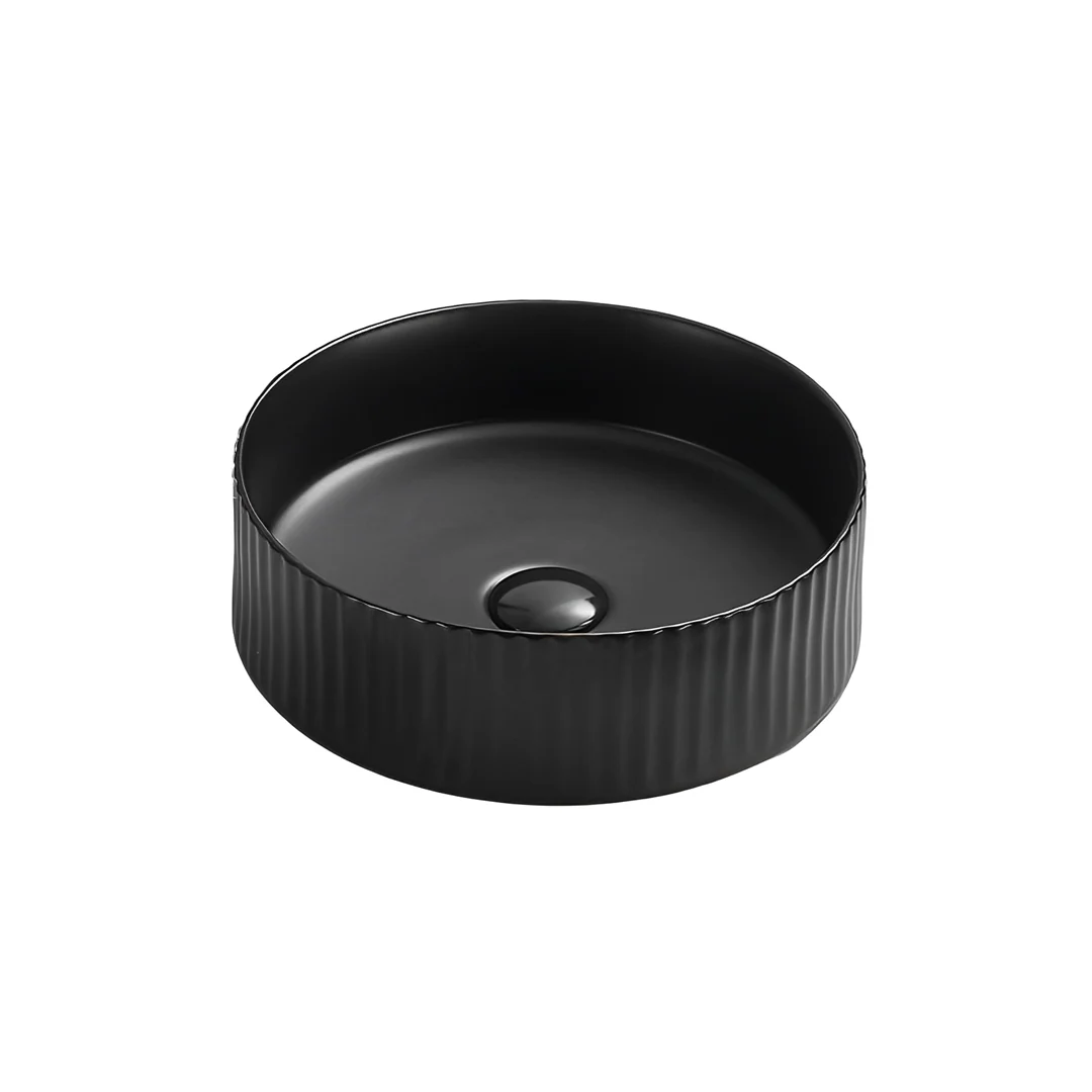 400mm Fluted Round Matte Black Above Counter Basin