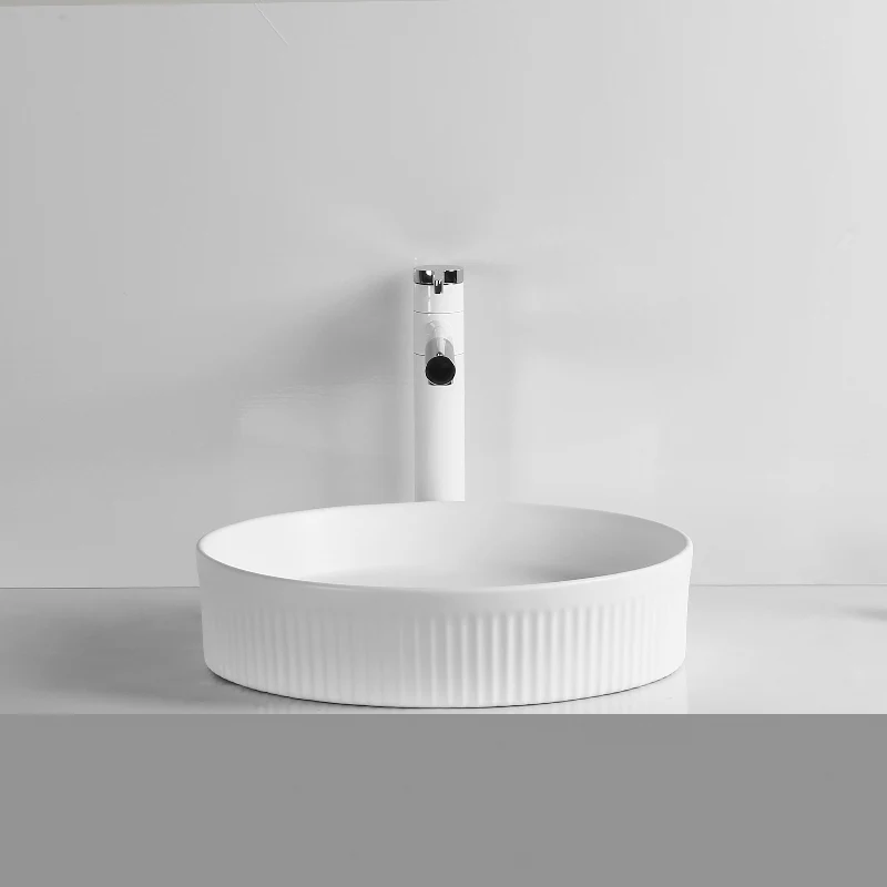 405mm Fluted Matte White Round Above Counter Basin