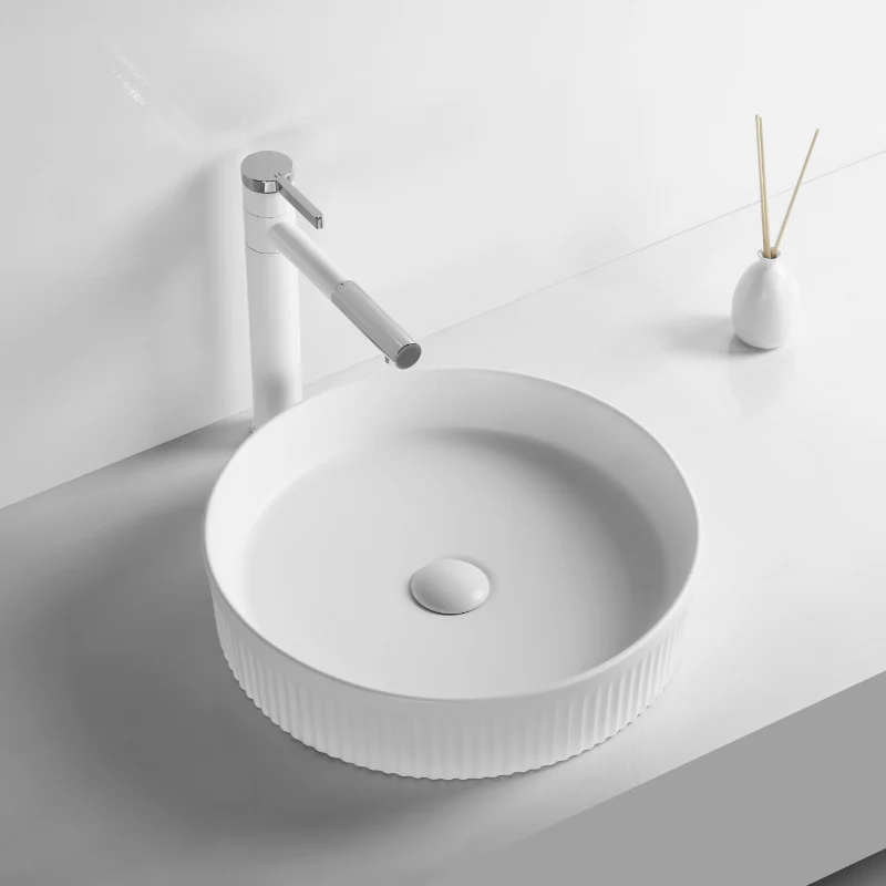 405mm Fluted Matte White Round Above Counter Basin - Image 2