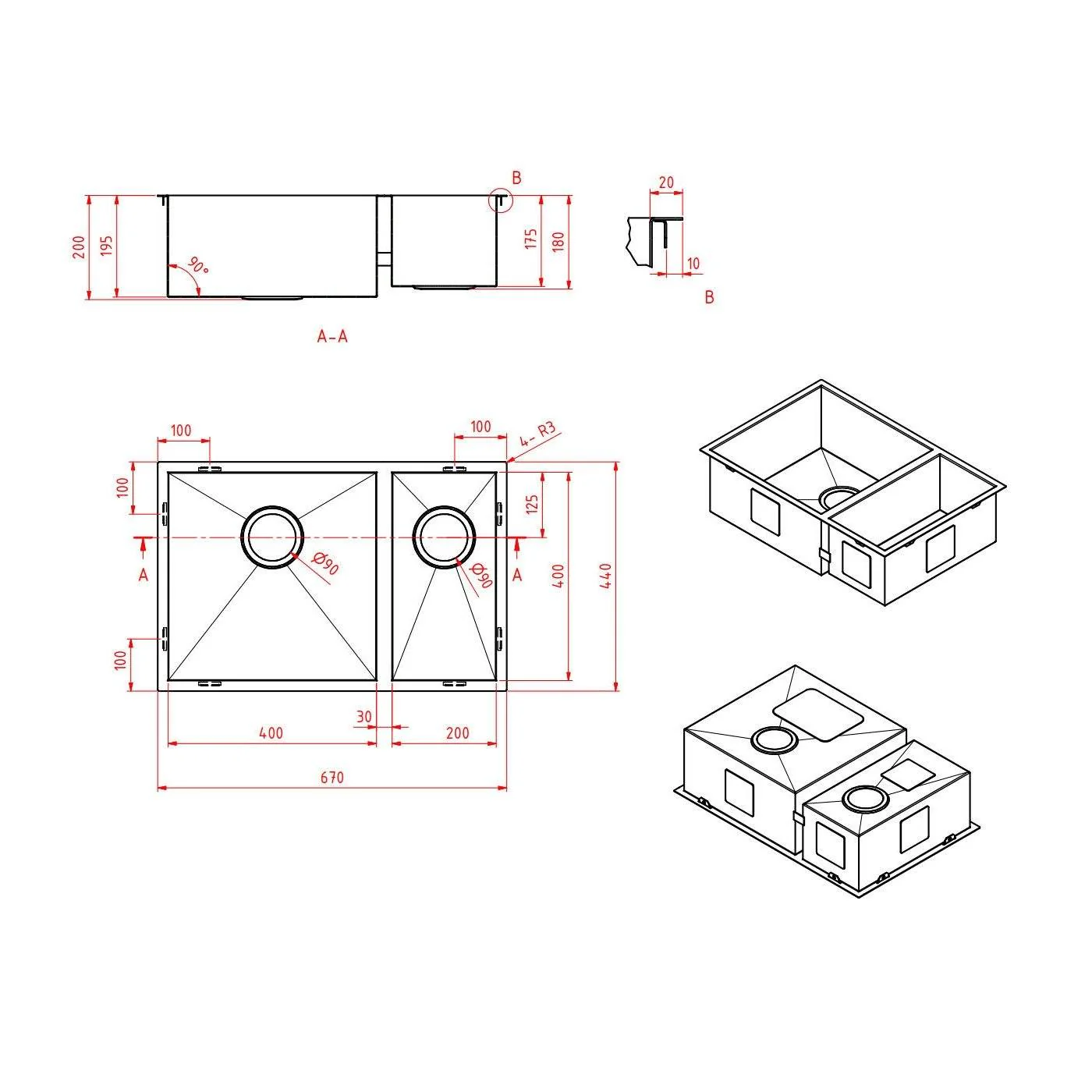 670 x 440 x 210mm Kitchen Sink Double Bowl - Image 2