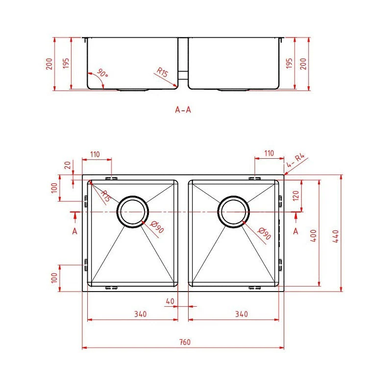 760 x 440 x 200 Copper Double Kitchen Sink - Image 2