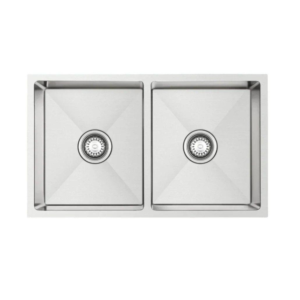 760 x 450 x 220mm Nano Glazed Brushed Stainless Steel Double Bowl Sink