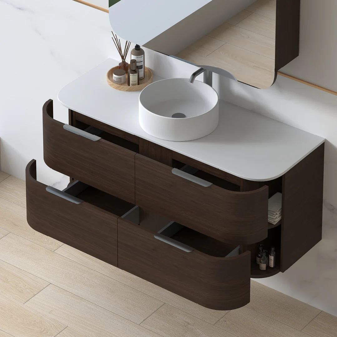 Anela 1200 Curved Alder Walnut Wall Hung Vanity - Image 3