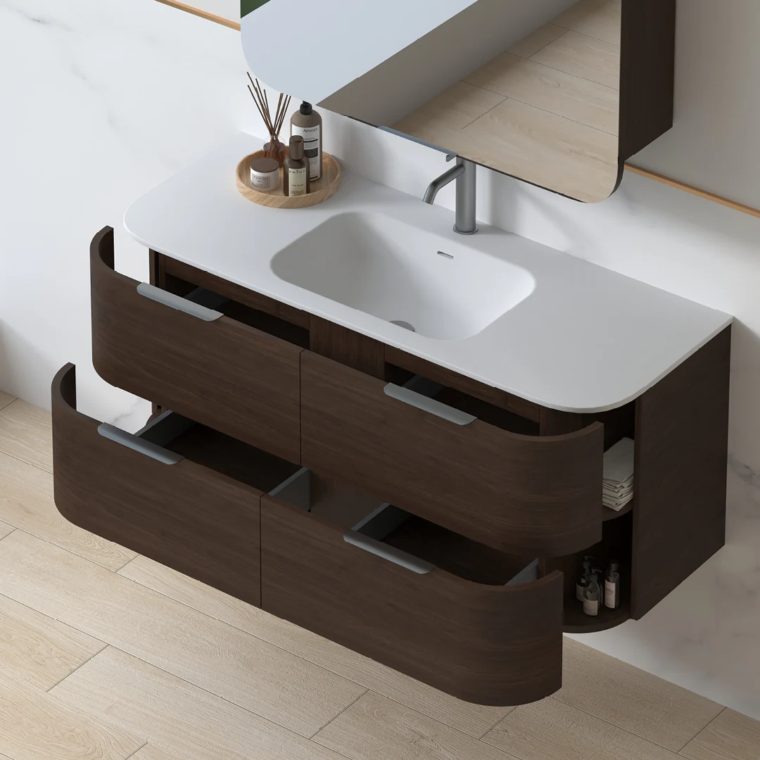 Anela 1200 Curved Alder Walnut Wall Hung Vanity - Image 7