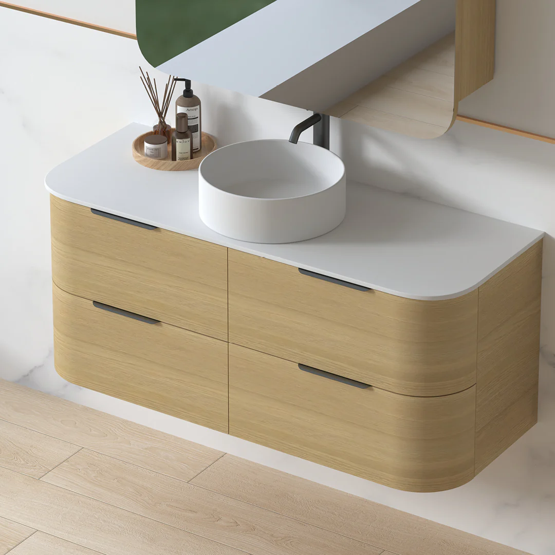 Anela 1200 Curved Blonde Oak Wall Hung Vanity - Image 3