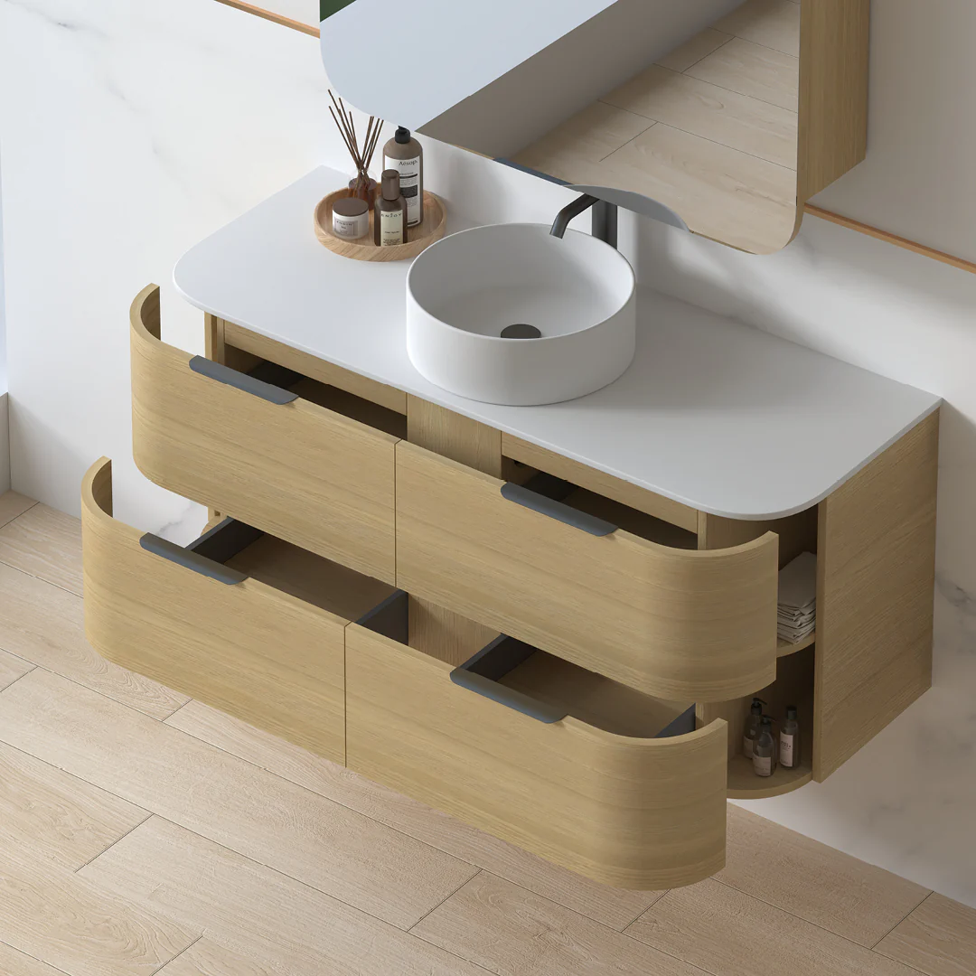 Anela 1200 Curved Blonde Oak Wall Hung Vanity - Image 4