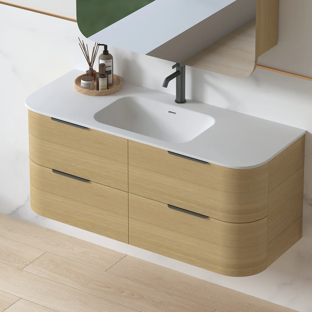 Anela 1200 Curved Blonde Oak Wall Hung Vanity - Image 6