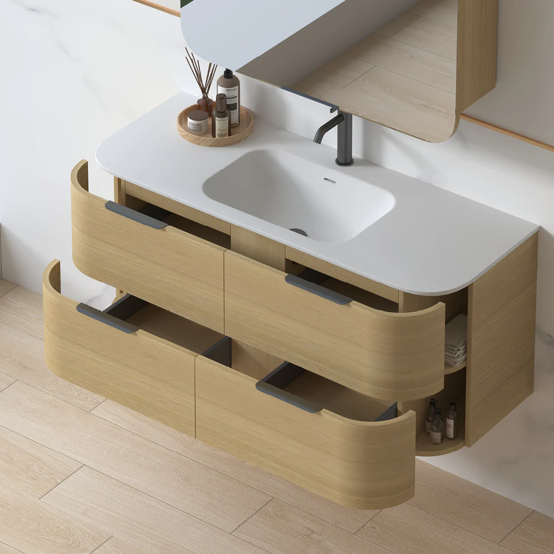 Anela 1200 Curved Blonde Oak Wall Hung Vanity - Image 7