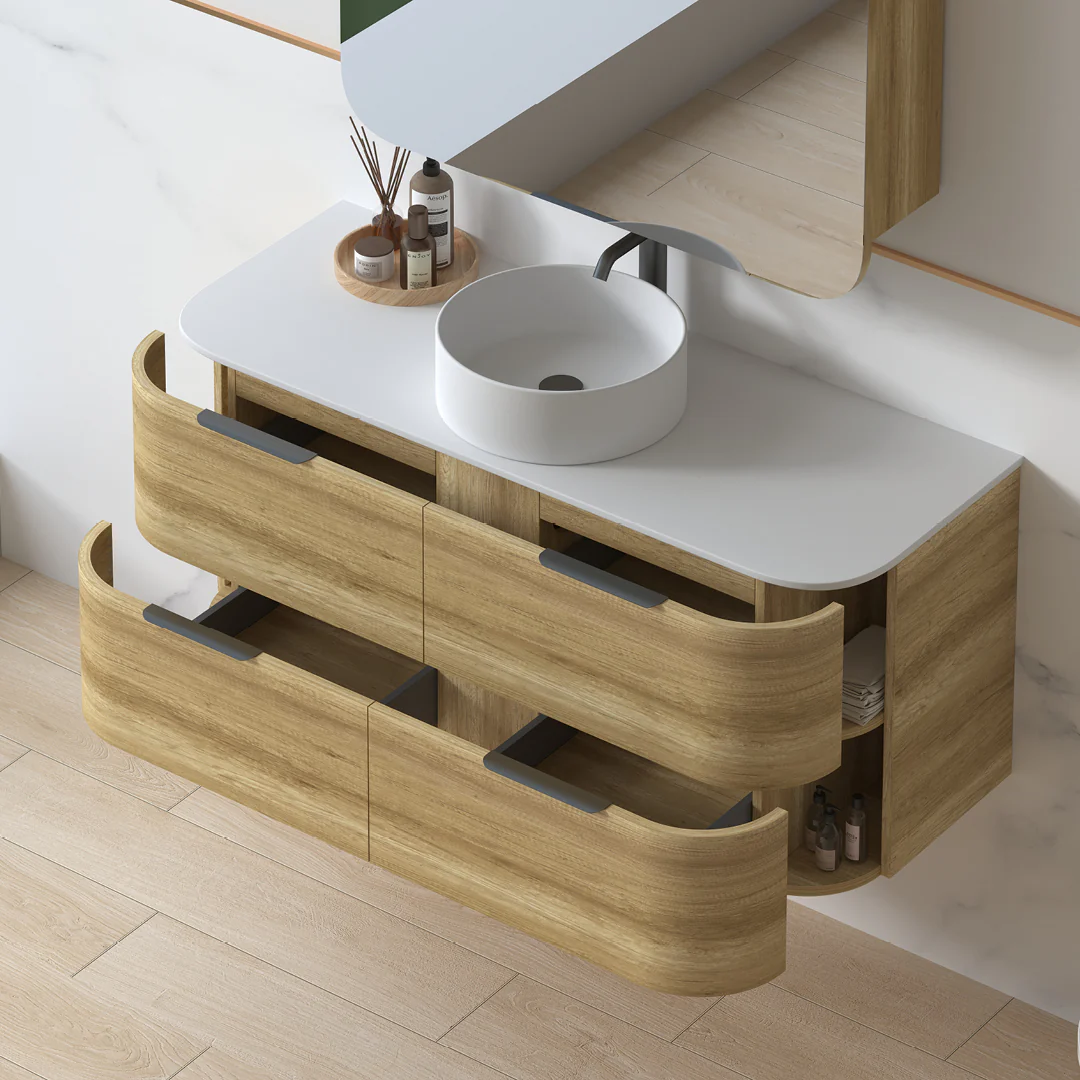 Anela 1200 Curved Sand Oak Wall Hung Vanity - Image 4