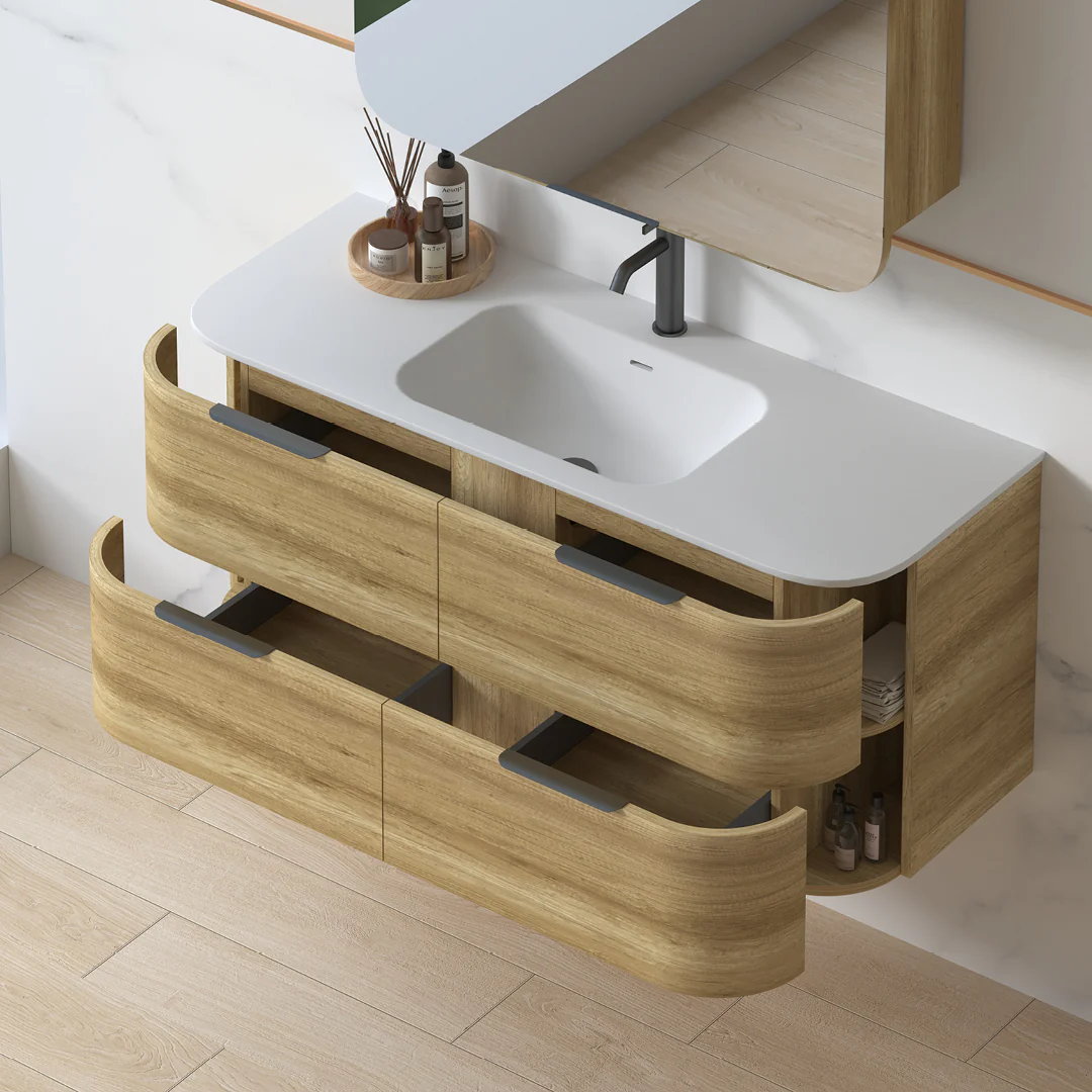 Anela 1200 Curved Sand Oak Wall Hung Vanity - Image 7