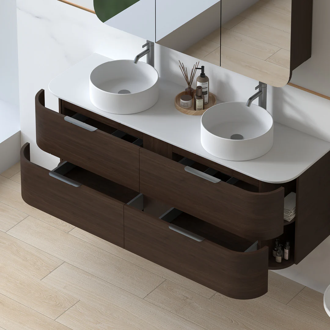 Anela 1500 Curved Alder Walnut Wall Hung Vanity - Image 4