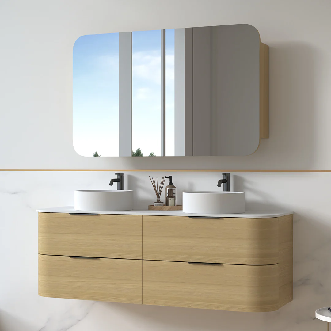 Anela 1500 Curved Blonde Oak Wall Hung Vanity - Image 2