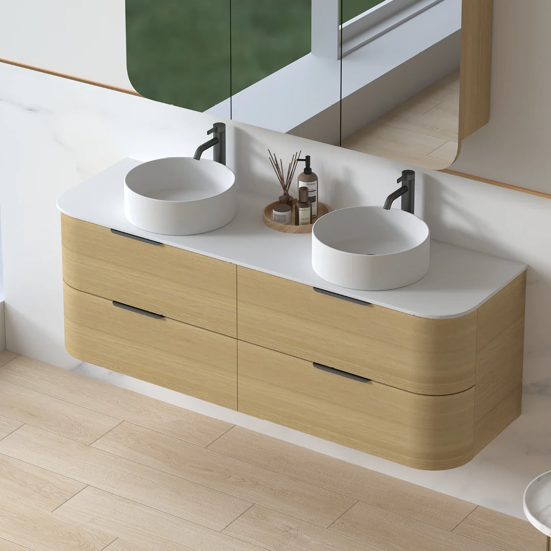 Anela 1500 Curved Blonde Oak Wall Hung Vanity - Image 3