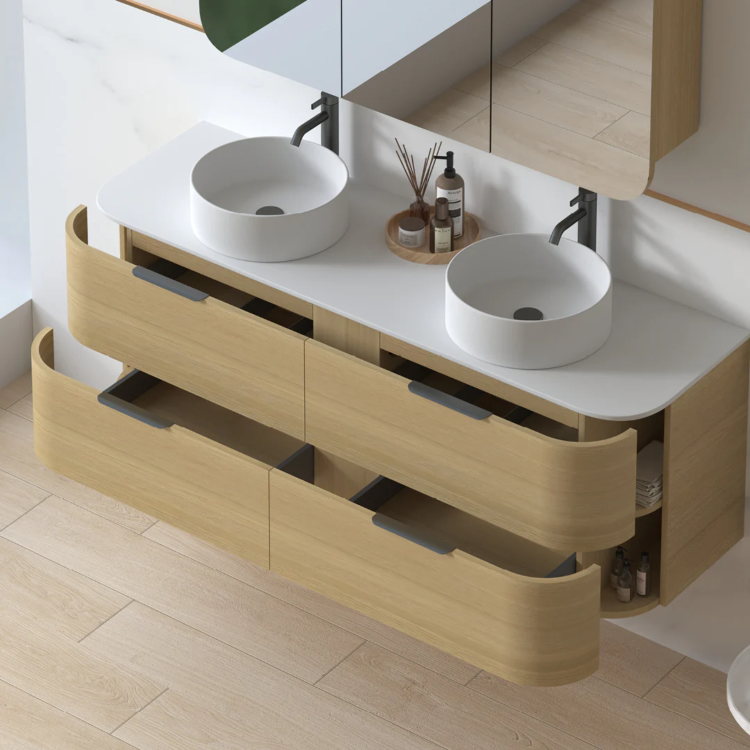 Anela 1500 Curved Blonde Oak Wall Hung Vanity - Image 4