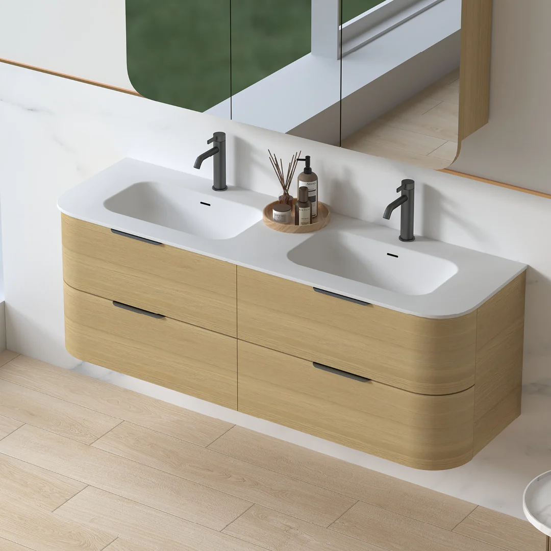Anela 1500 Curved Blonde Oak Wall Hung Vanity - Image 6