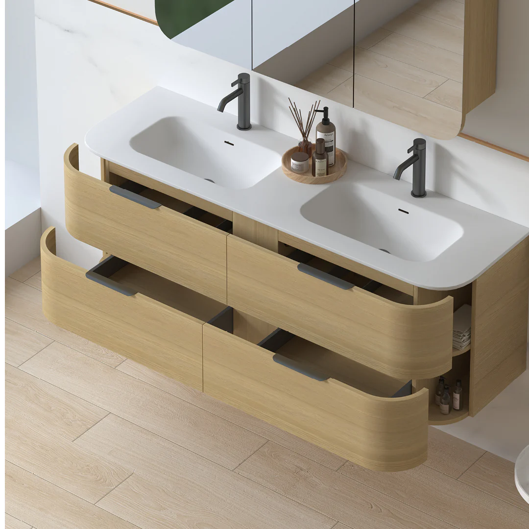 Anela 1500 Curved Blonde Oak Wall Hung Vanity - Image 7