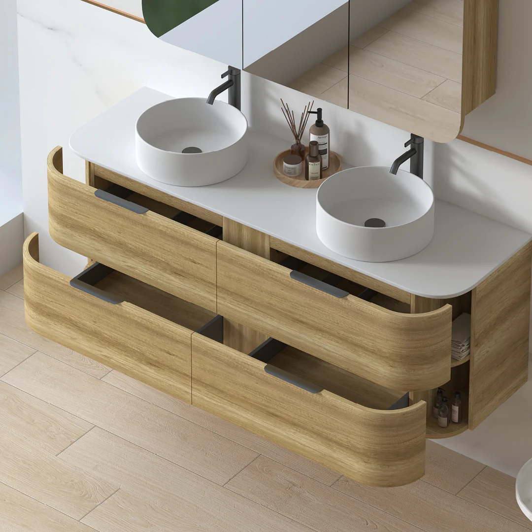 Anela 1500 Curved Sand Oak Wall Hung Vanity - Image 4