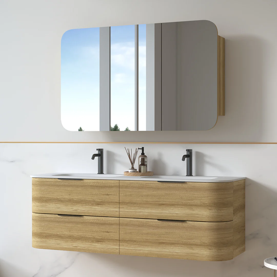 Anela 1500 Curved Sand Oak Wall Hung Vanity - Image 8