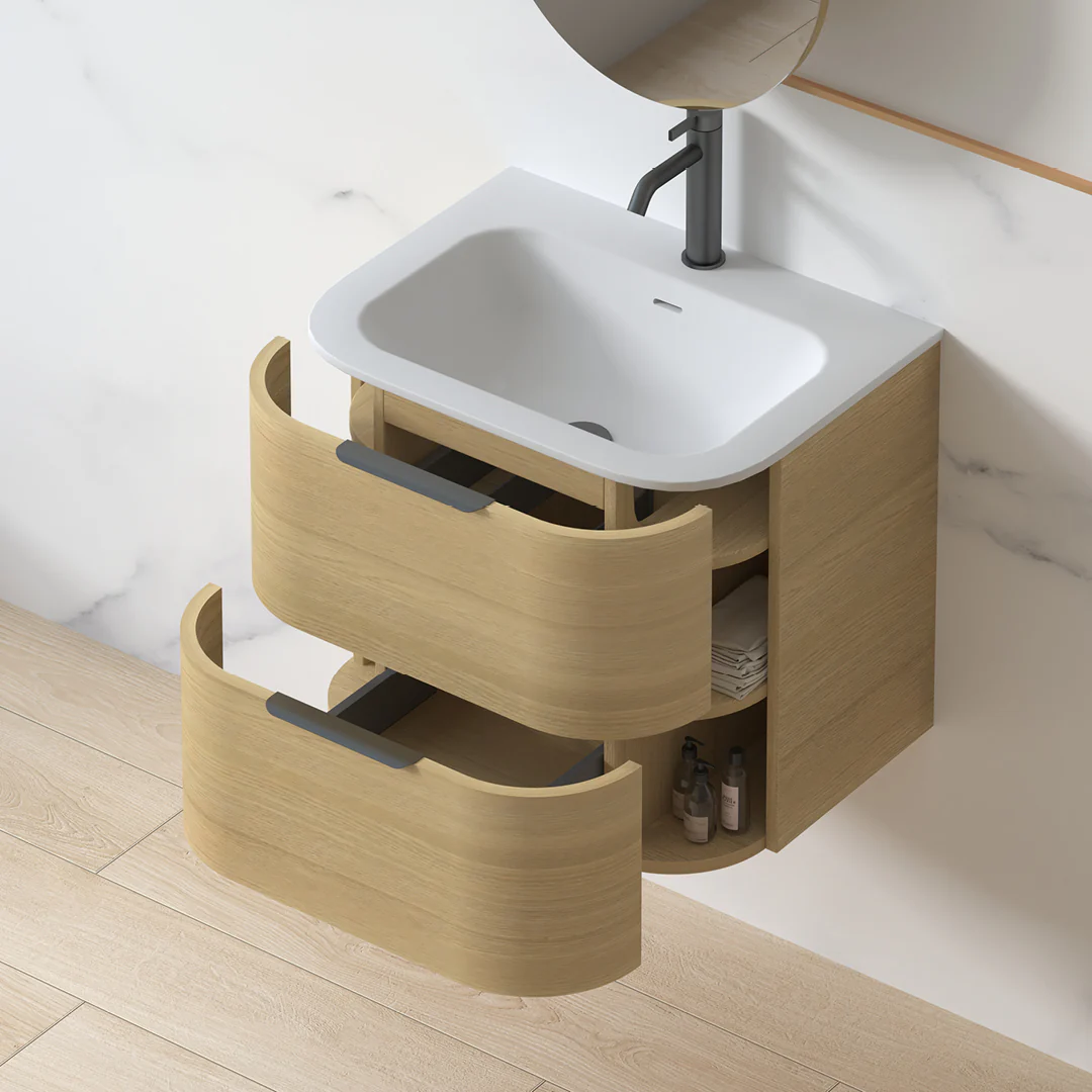 Anela 600 Curved Blonde Oak Wall Hung Vanity - Image 7