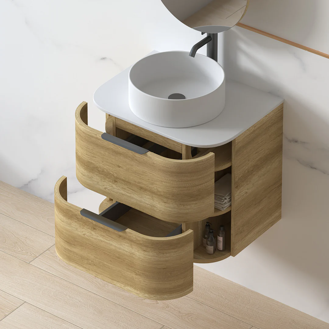 Anela 600 Curved Sand Oak Wall Hung Vanity - Image 4