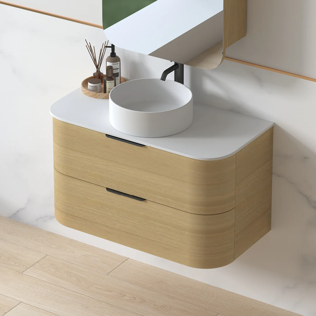 Anela 900 Curved Blonde Oak Wall Hung Vanity - Image 3