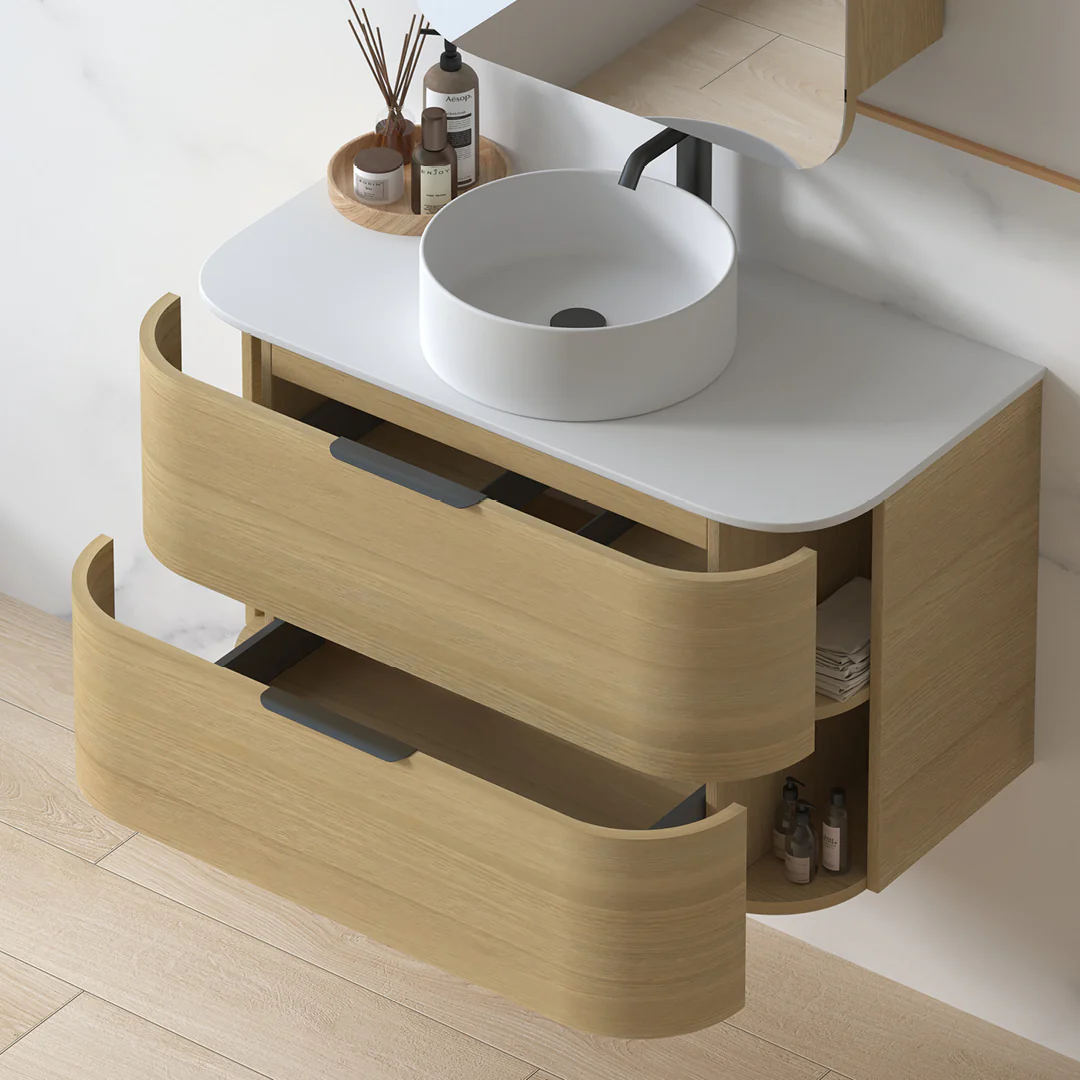 Anela 900 Curved Blonde Oak Wall Hung Vanity - Image 4