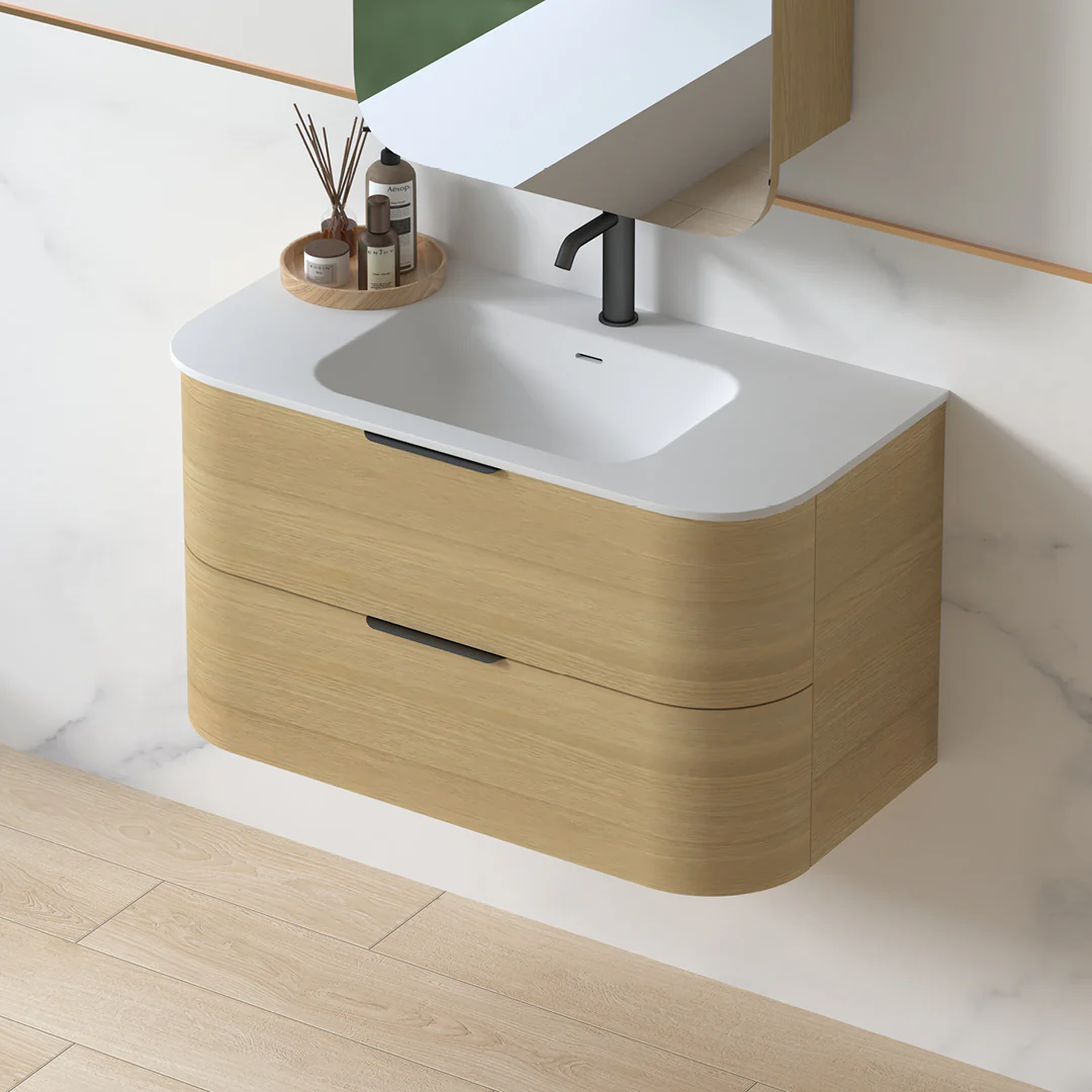 Anela 900 Curved Blonde Oak Wall Hung Vanity - Image 6
