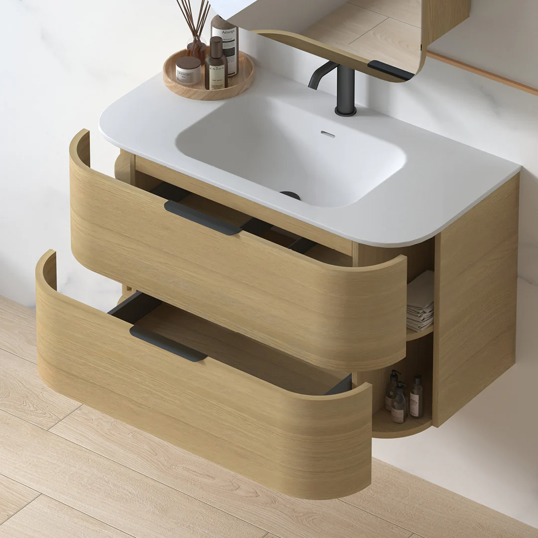 Anela 900 Curved Blonde Oak Wall Hung Vanity - Image 7