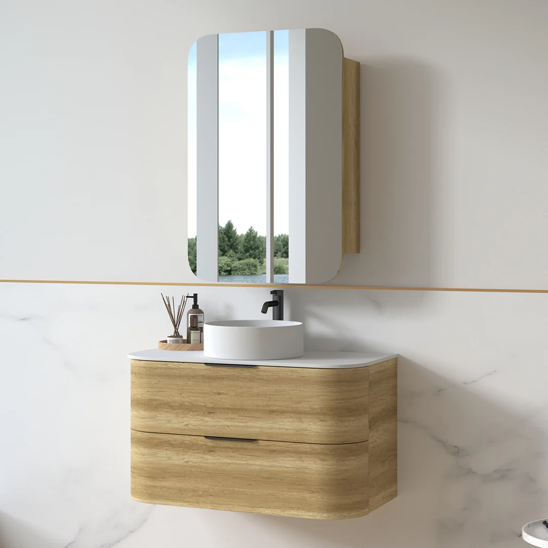 Anela 900 Curved Sand Oak Wall Hung Vanity - Image 2