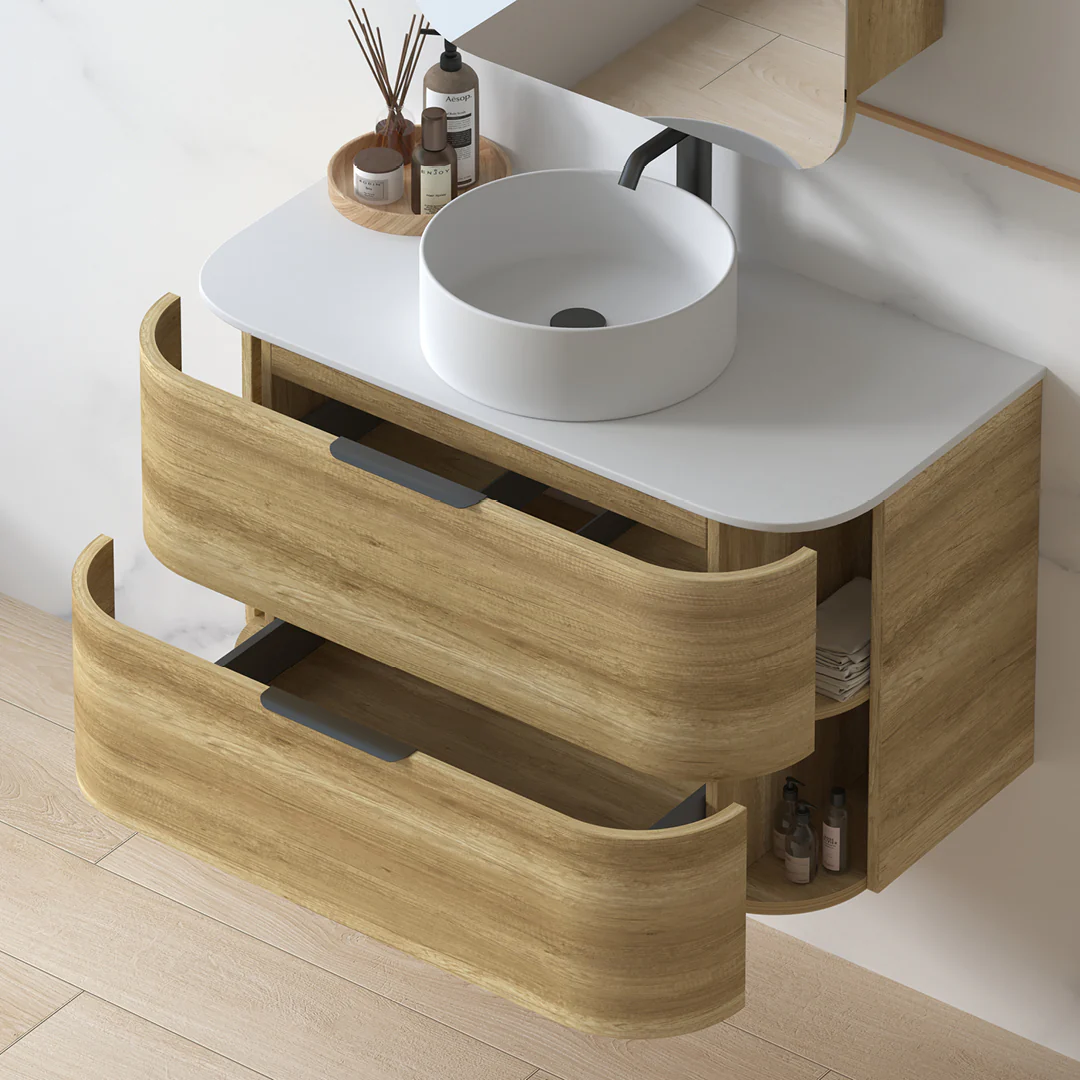 Anela 900 Curved Sand Oak Wall Hung Vanity - Image 4