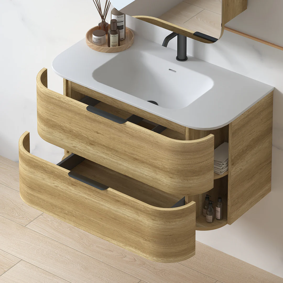 Anela 900 Curved Sand Oak Wall Hung Vanity - Image 7