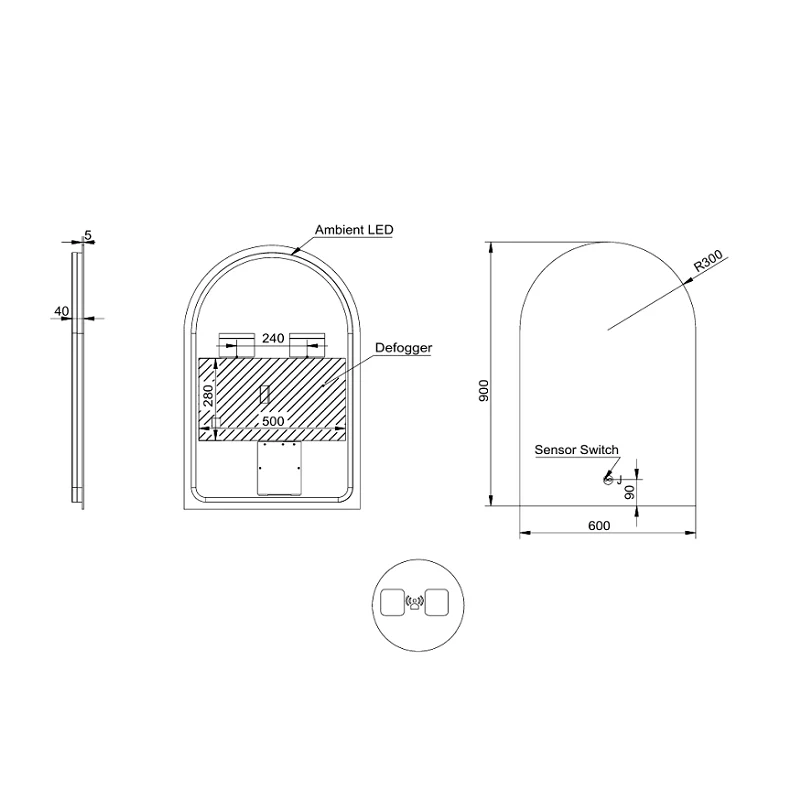 Arched 600 x 900mm Frameless LED Mirror - Touchless Motion Sensor - Image 3