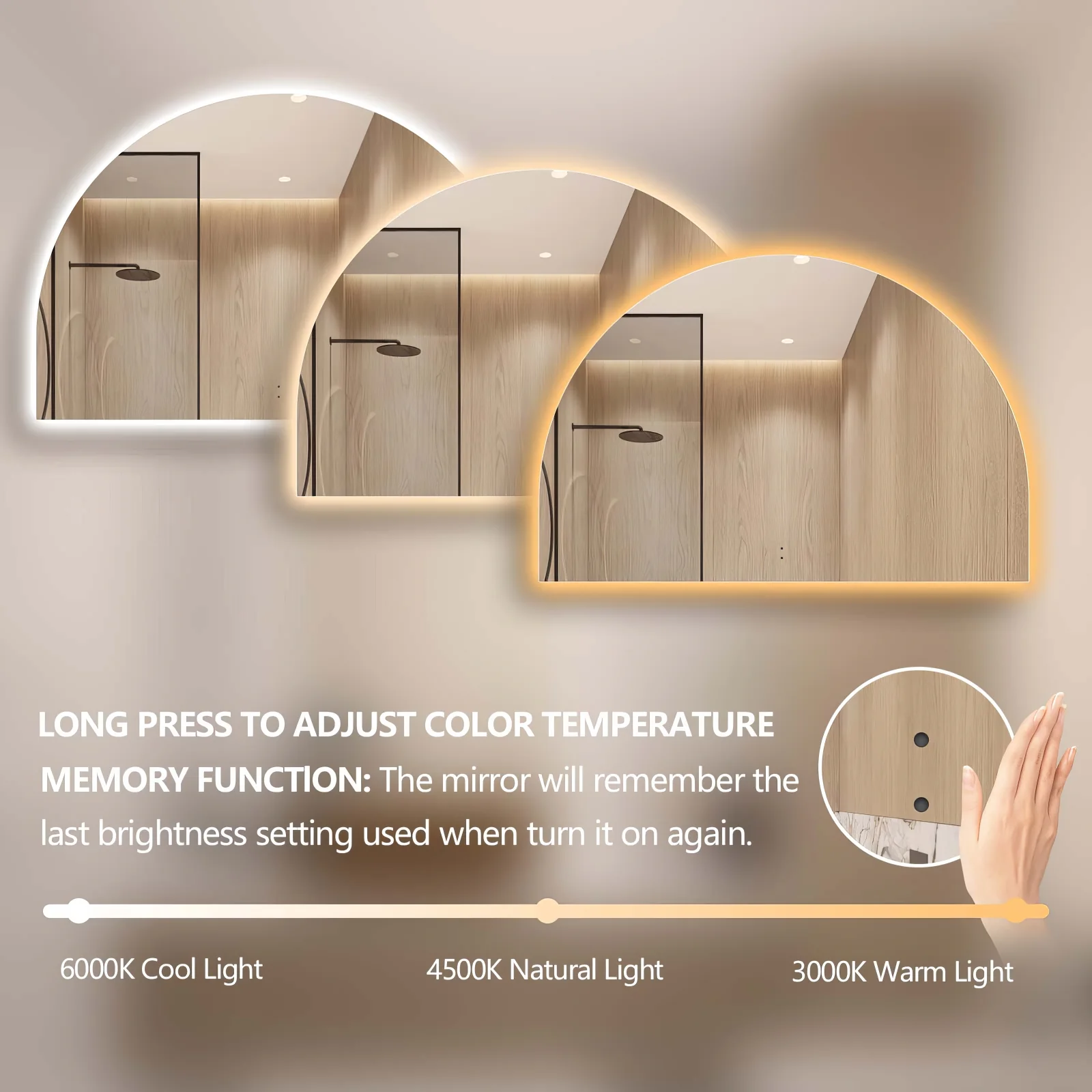 Arched Touchless 1200 x 800 LED Mirror - Three Light Temperatures - Image 5