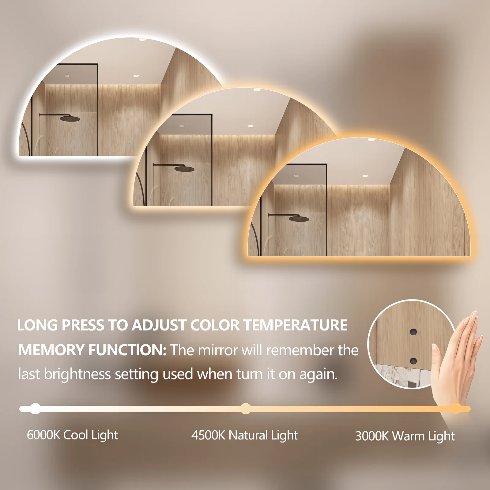 Arched Touchless 1500 x 1000 LED Mirror - Three Light Temperatures - Image 7