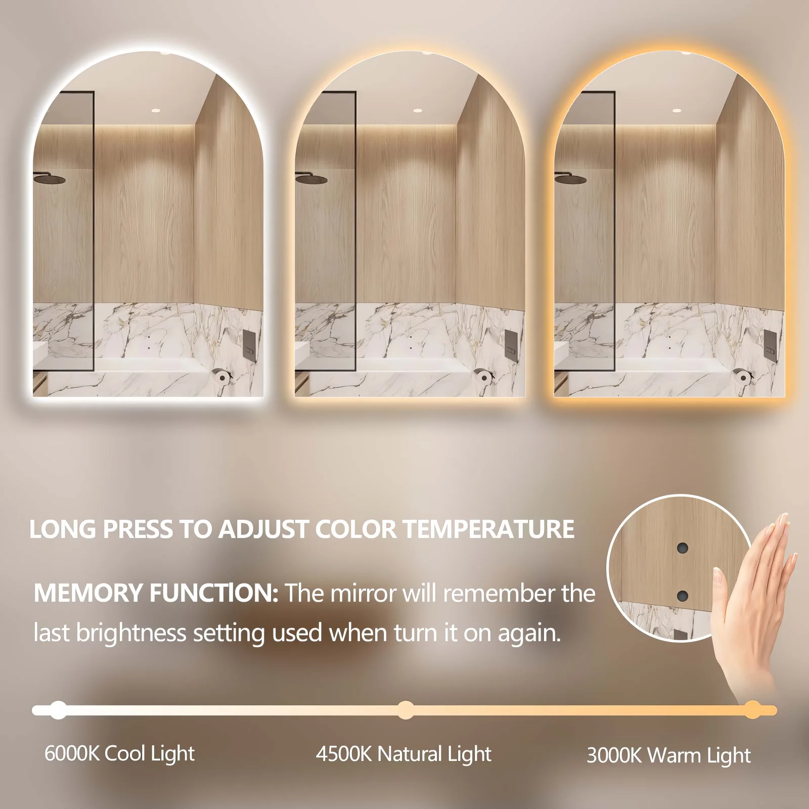 Arched Touchless 500 x 900 LED Mirror - Three Light Temperatures - Image 7