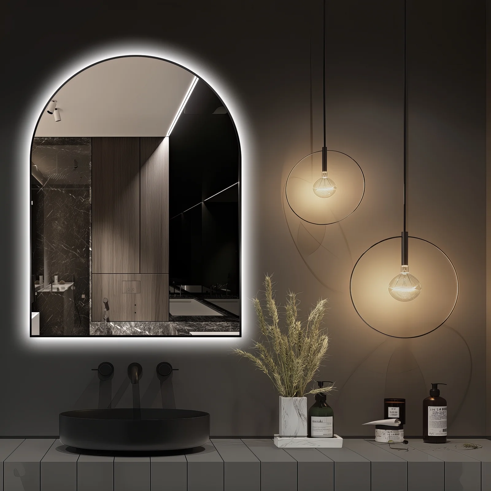 Arched Touchless 750 x 1000mm Back-Lit Matte Black LED Mirror - Three Light Temperatures - Image 4