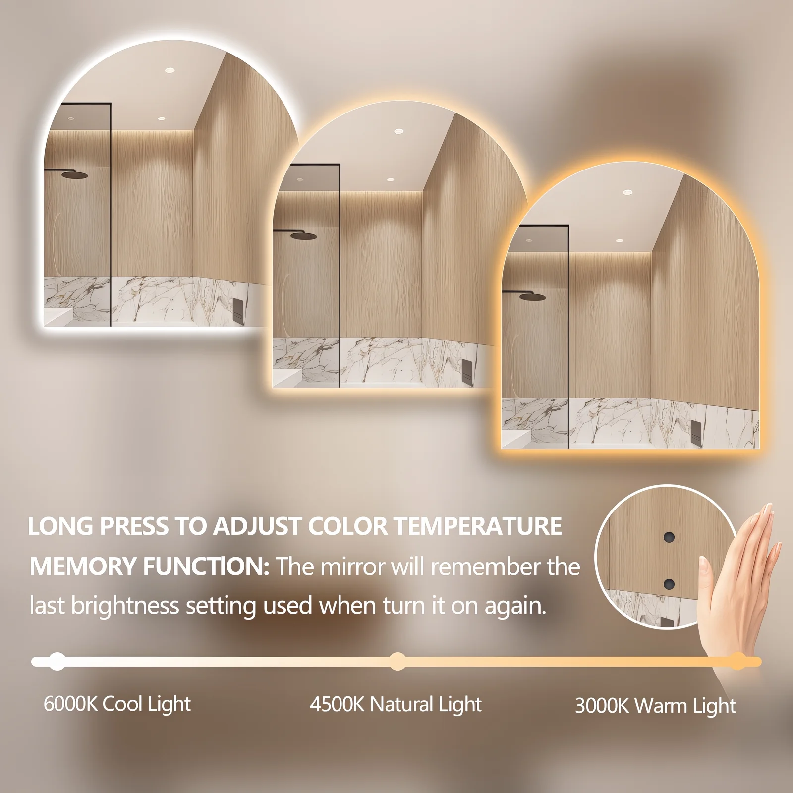 Arched Touchless 900 x 1100 LED Mirror - Three Light Temperatures - Image 5