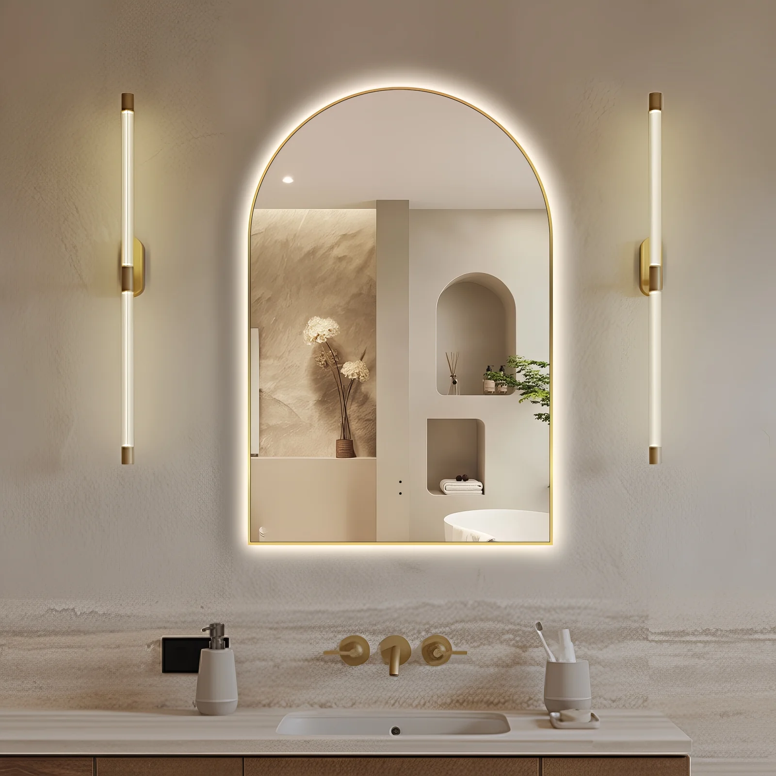 Arched Touchless Back-Lit Brushed Gold LED Mirror - Three Light Temperatures