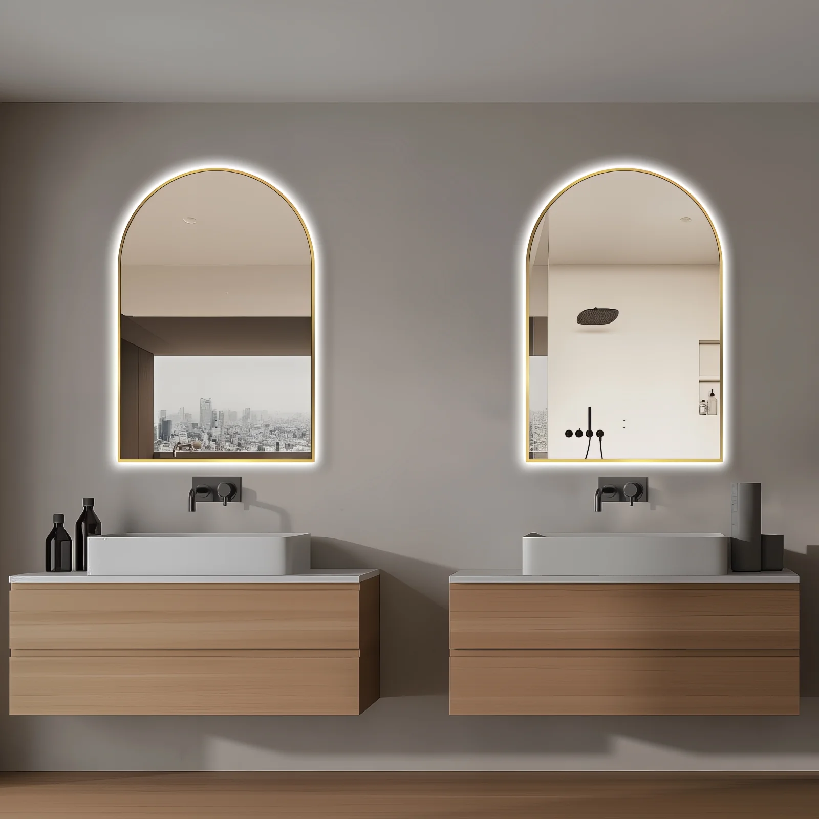 Arched Touchless Back-Lit Brushed Gold LED Mirror - Three Light Temperatures - Image 4