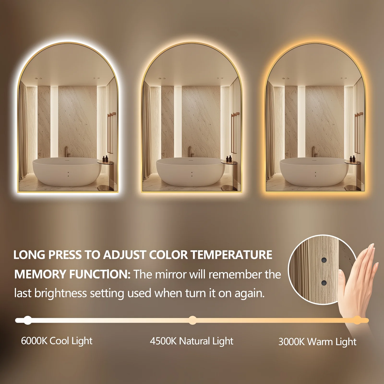Arched Touchless Back-Lit Brushed Gold LED Mirror - Three Light Temperatures - Image 5
