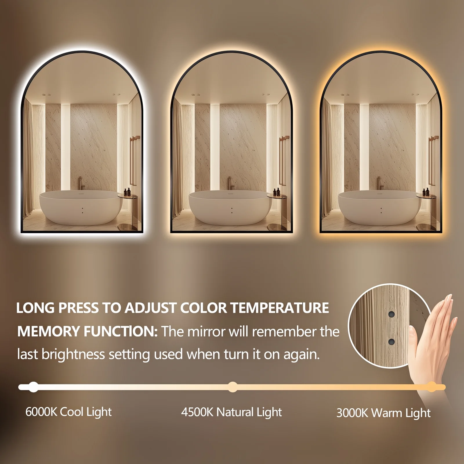 Arched Touchless 600 x 900 Back-Lit Matte Black LED Mirror - Three Light Temperatures - Image 5