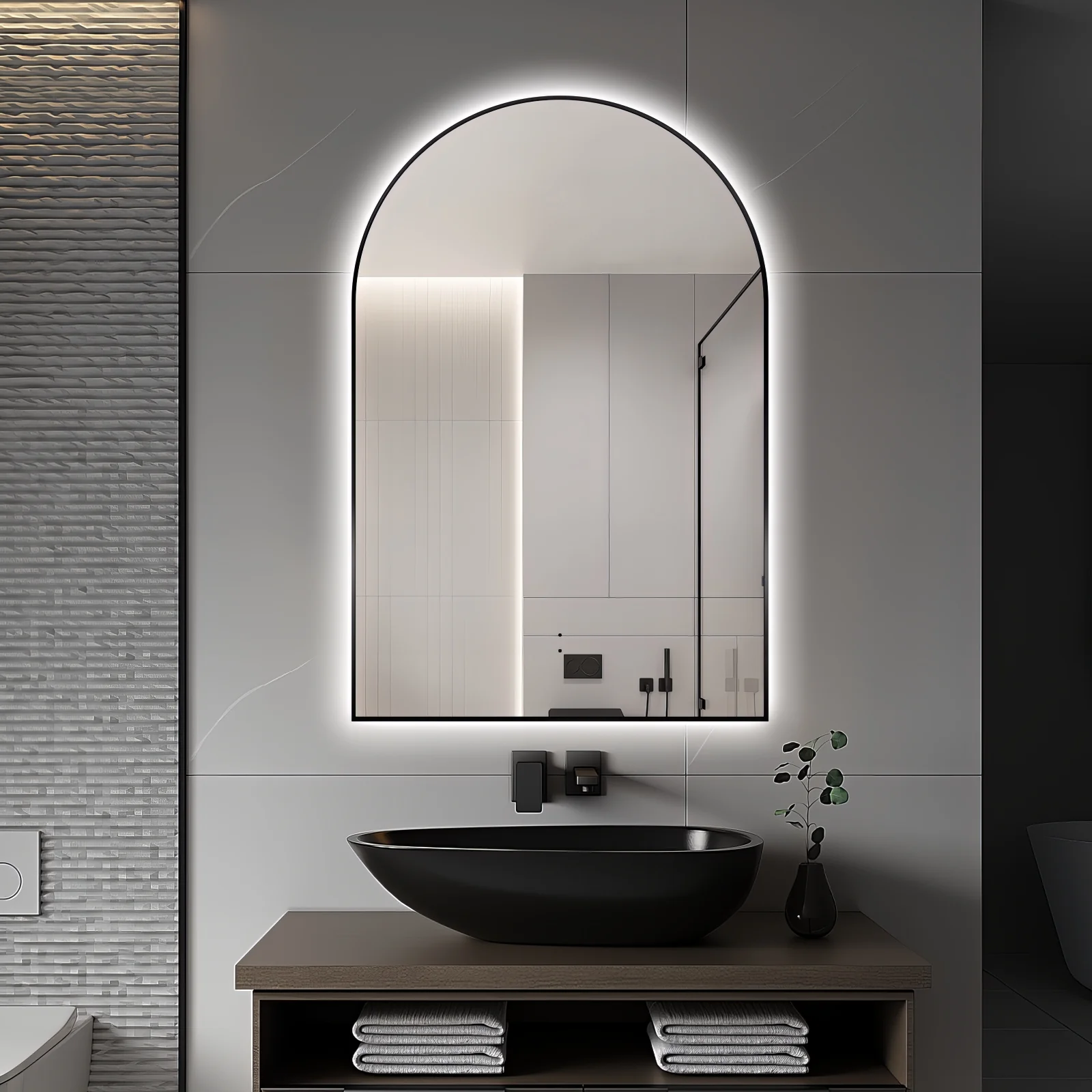 Arched Touchless 600 x 900 Back-Lit Matte Black LED Mirror - Three Light Temperatures - Image 7