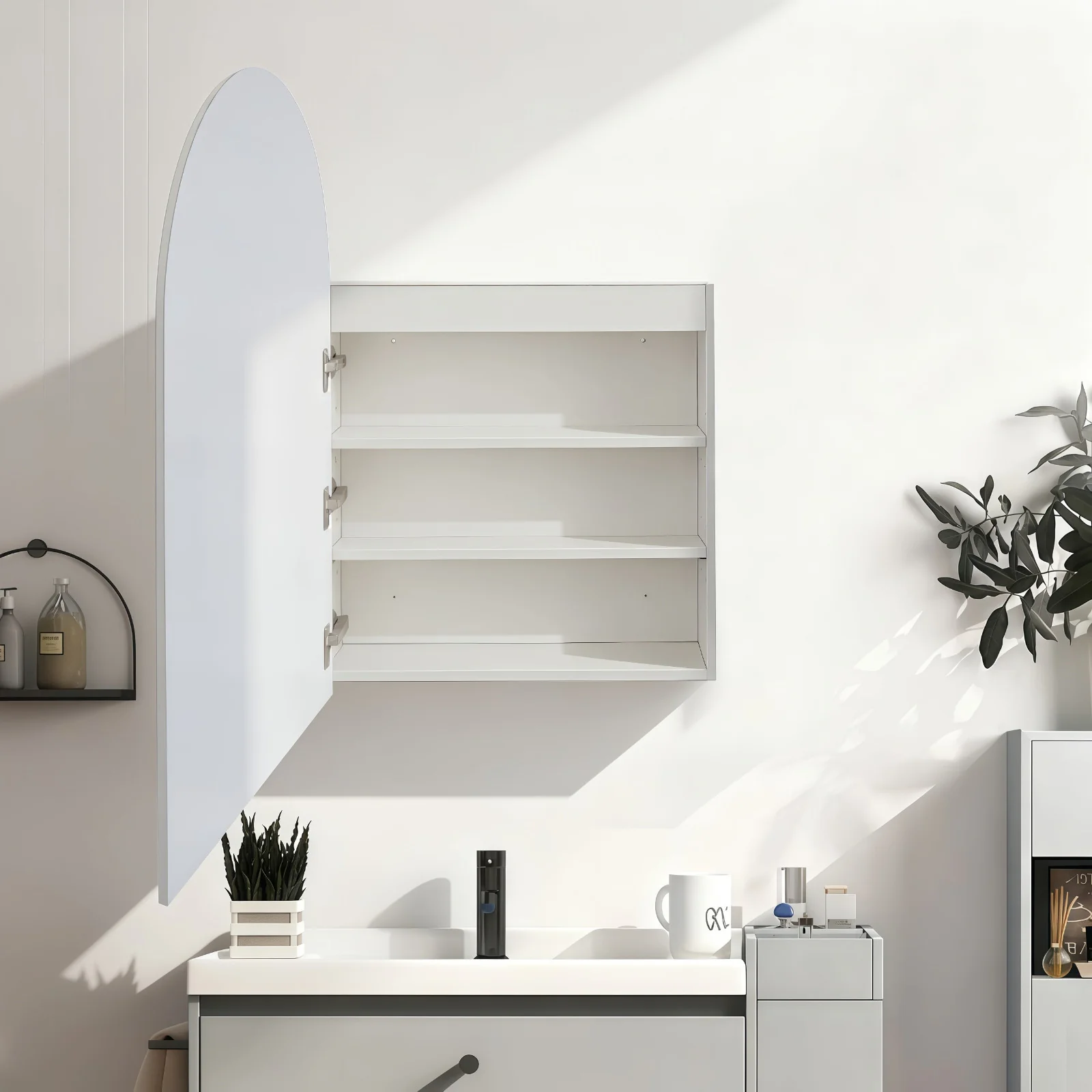 Arched Touchless LED 600 x 900 Matte White Shaving Cabinet - Image 2
