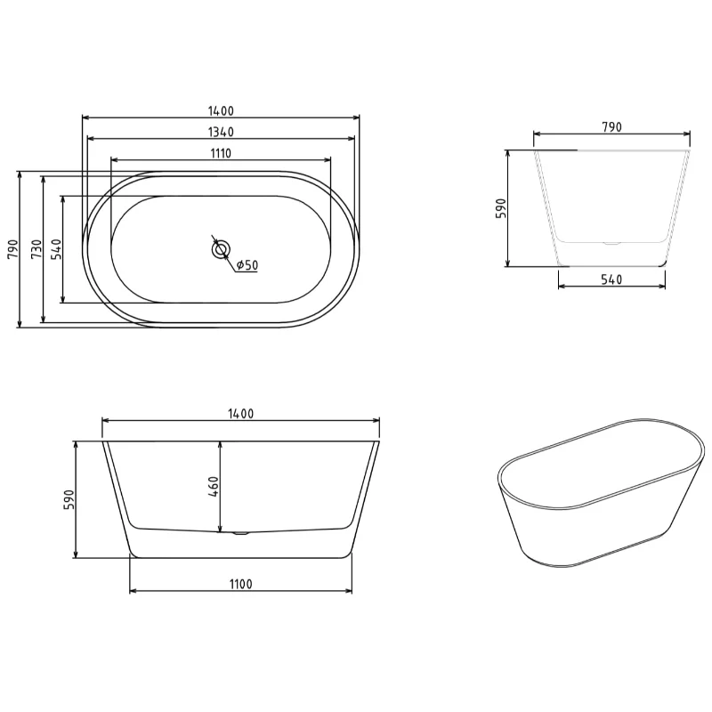 Aria 1400mm Oval Freestanding Bath Tub - Image 4