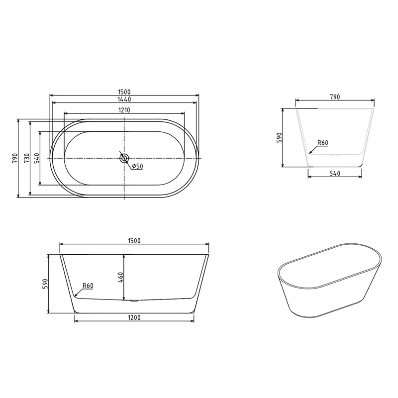 Aria 1500mm Oval Freestanding Bath Tub - Image 4