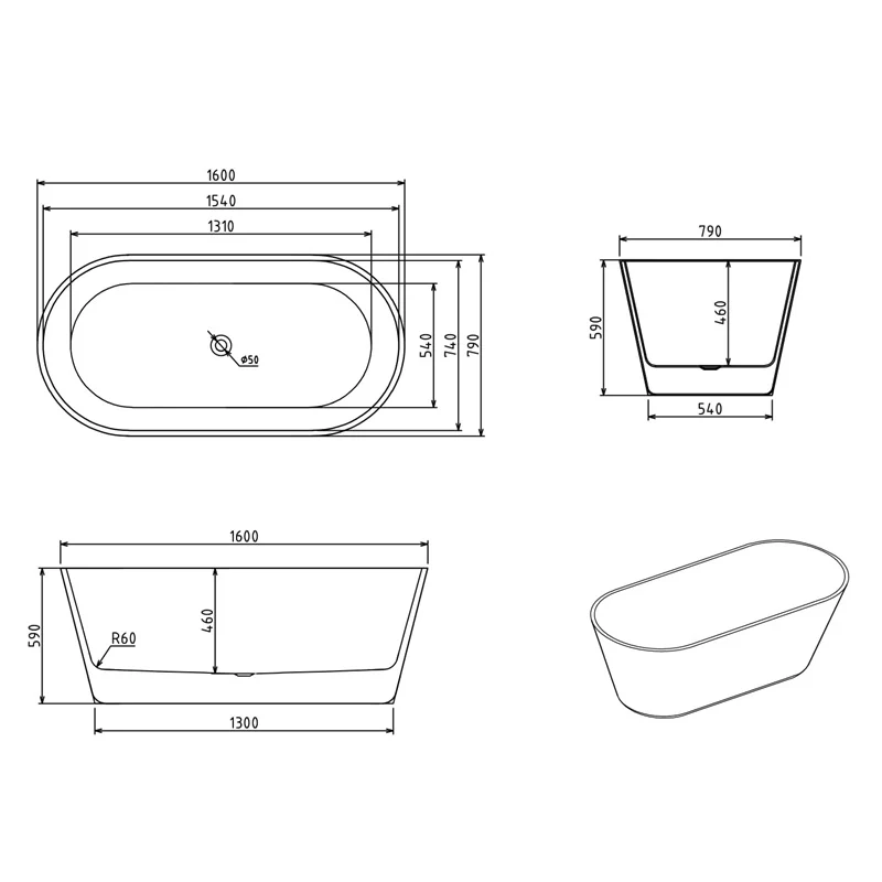 Aria 1600mm Oval Freestanding Bath Tub - Image 4