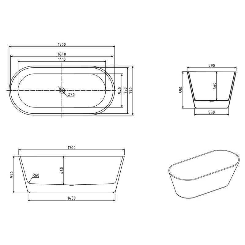 Aria 1700mm Oval Freestanding Bath Tub - Image 4